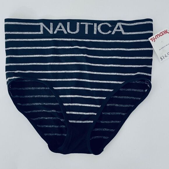 NWT Gorgeous Nautica M Black & Grey Striped Seamless Full Coverage Brief Panty - Picture 1 of 6
